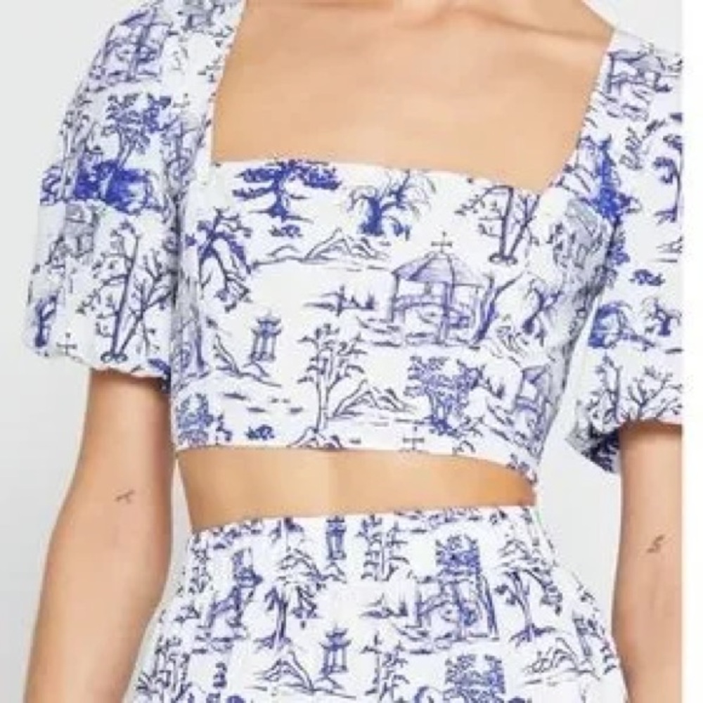 Anthropologie O.P.T. Thalia Crop Top Cotton blue and white toile print Size M